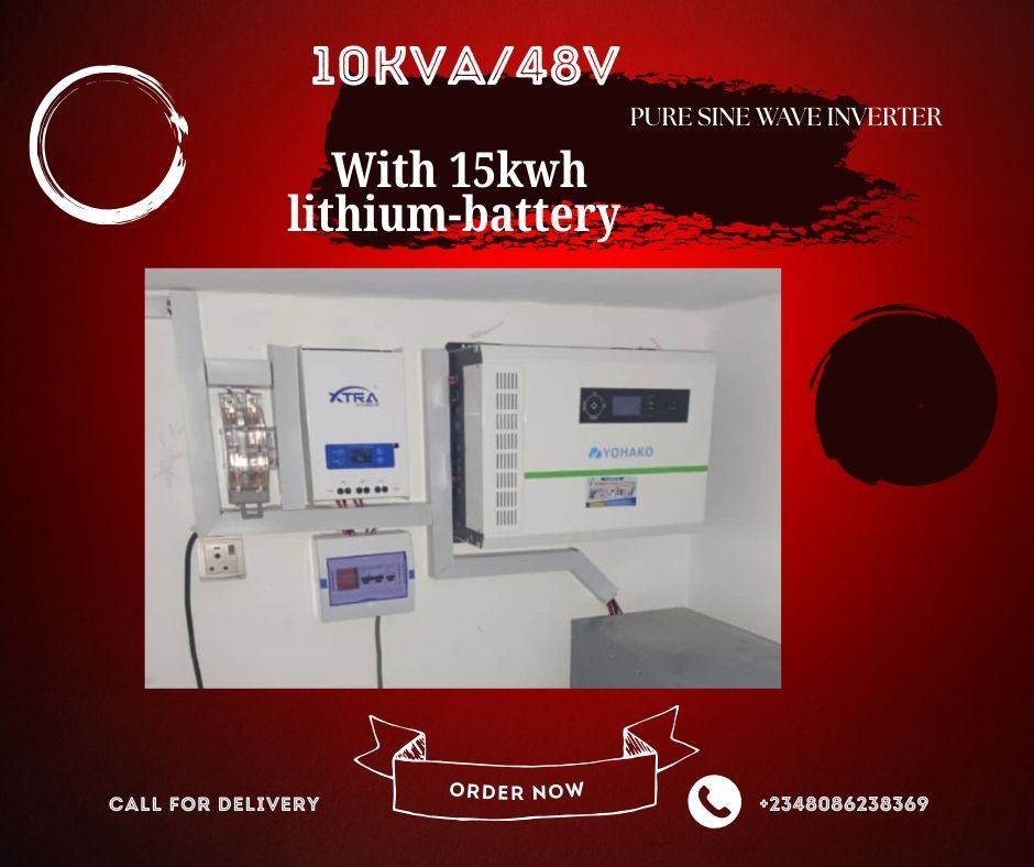 10Kva/48 solar inverter installation with 15KWH Lithium ion Battery and 16 units of 450 watts solar panels